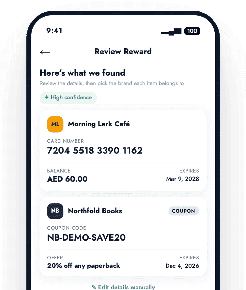 Rewaly showing two gift cards and a coupon read from a photo, ready to review before saving.