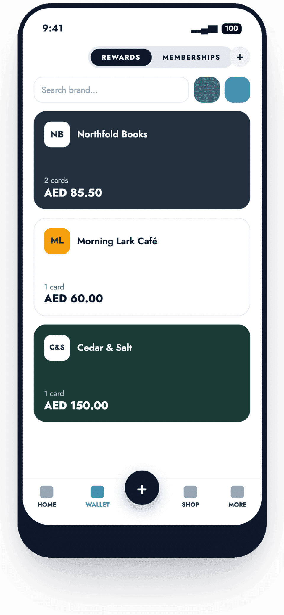 Rewaly wallet with rewards grouped by brand.
