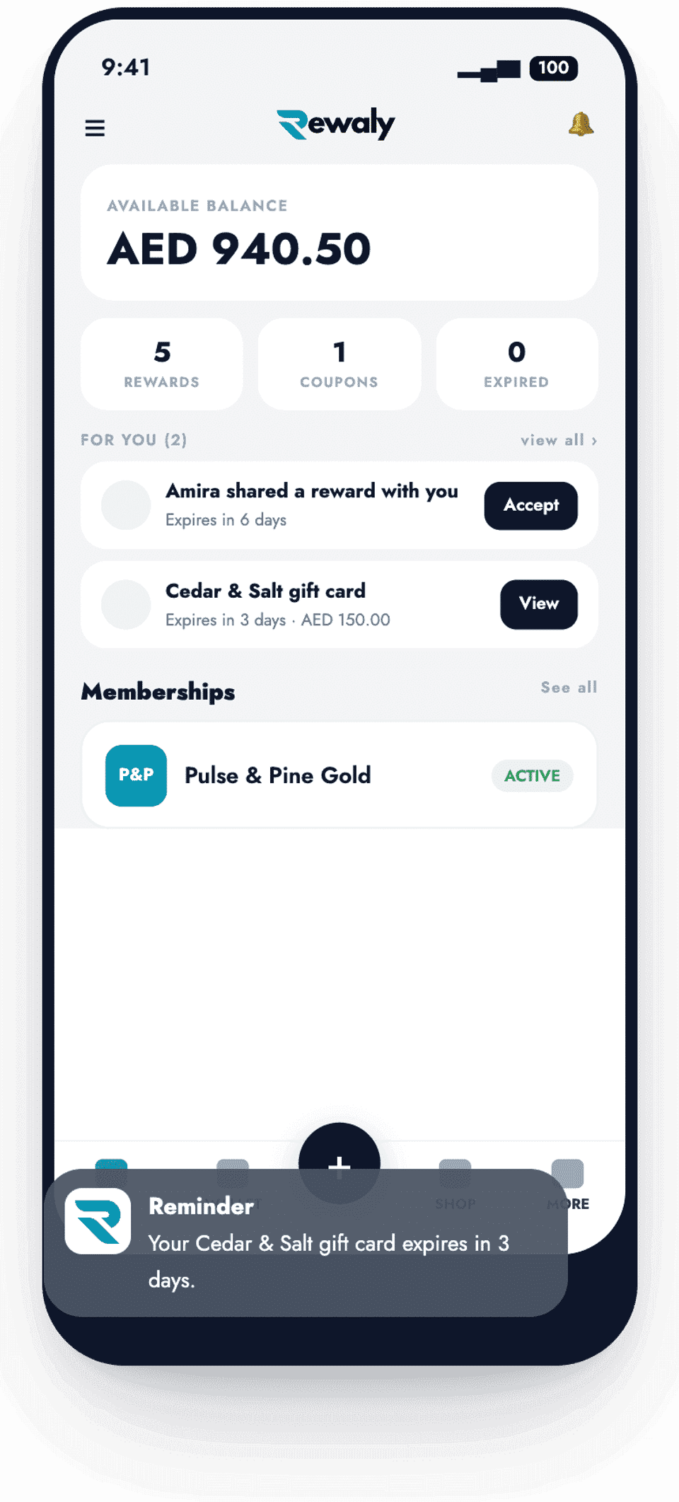 A Rewaly reminder that a gift card expires in three days, beside the Need Action card on the home screen.