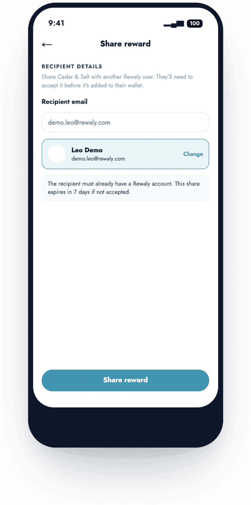Choosing a reward to share and finding the recipient by email.