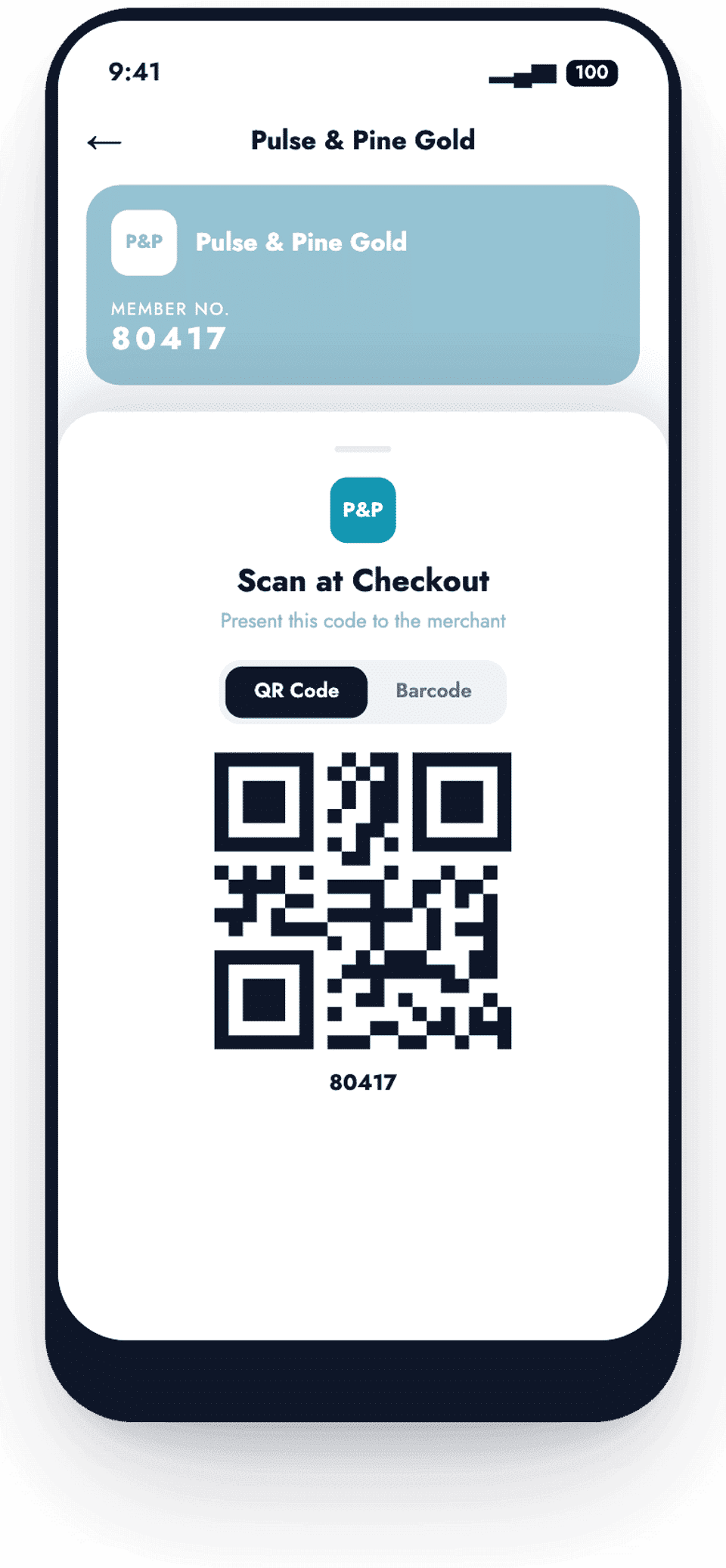 A Rewaly membership showing its QR code to scan at checkout.
